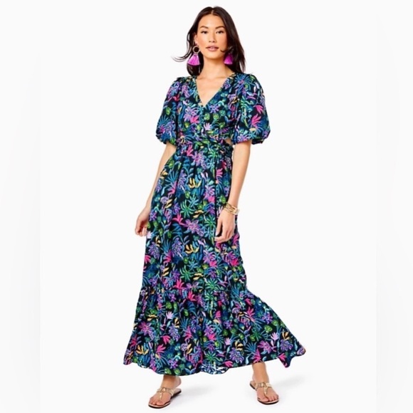 Lilly Pulitzer Teyla Elbow Sleeve Maxi Dress Onyx Paradise Glow Size 6 NEW - Picture 1 of 16